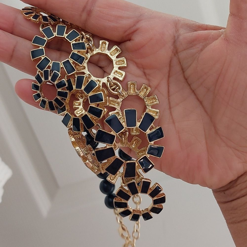 Talbots Gold Tone and Navy Blue Enameled Sunburst and Beads Statement Necklace - Picture 6 of 6